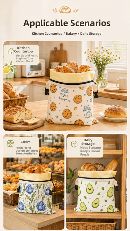Linen Cotton Beeswax Bread Bags Removable Inner Bag Fruit Pattern Bread Storage Bag Lock Closure Beeswax Coated Bags for Baking