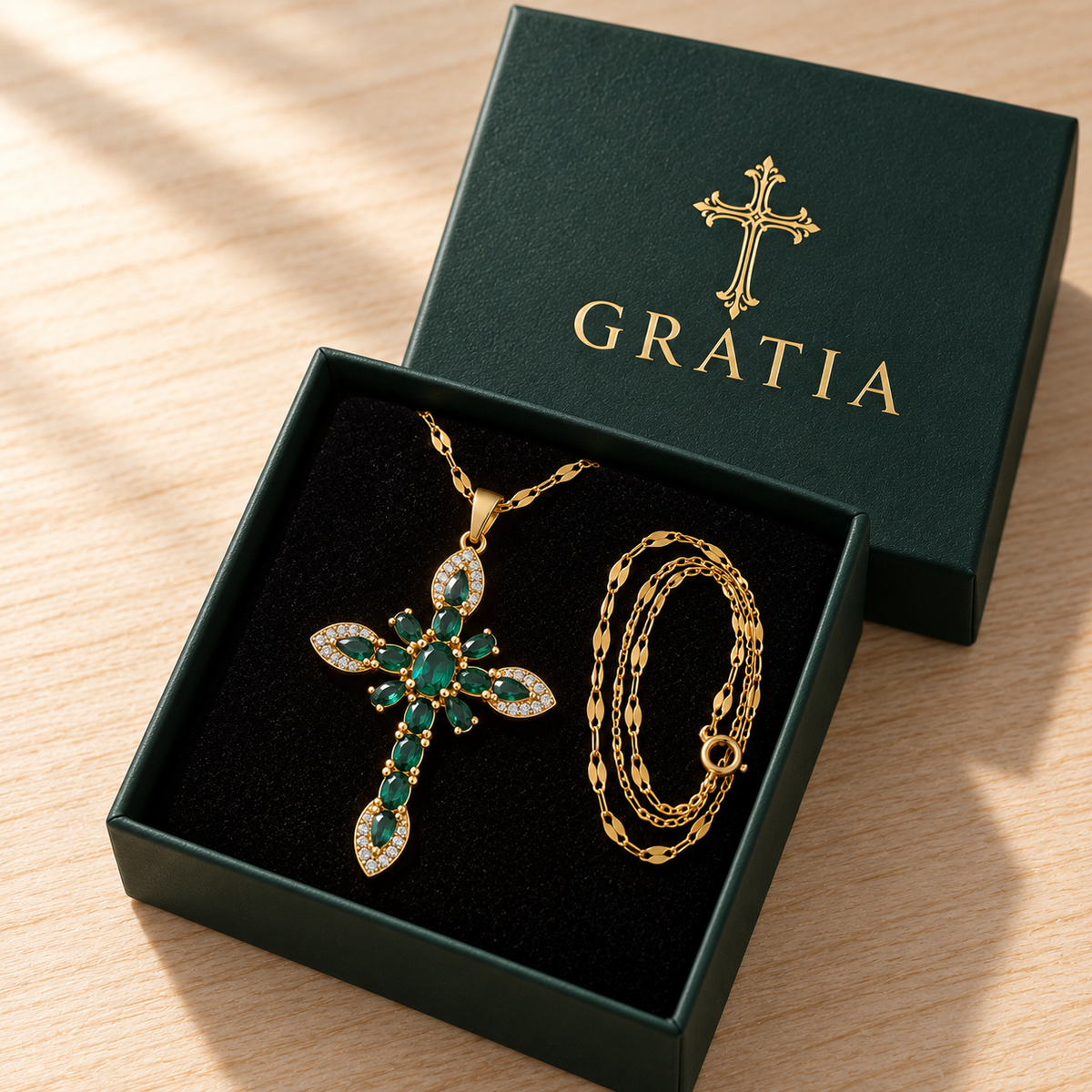 Emerald Gratia cross necklace in its Gratia gift box