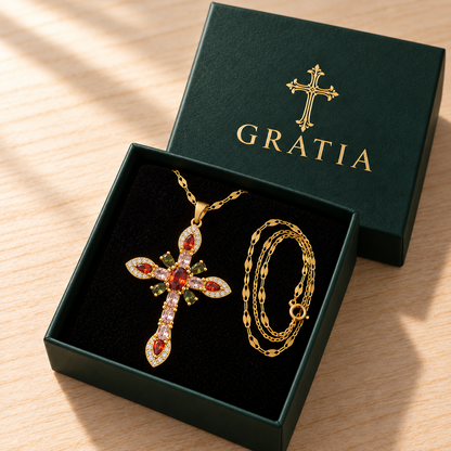 Multicolor Gratia cross necklace in its Gratia gift box