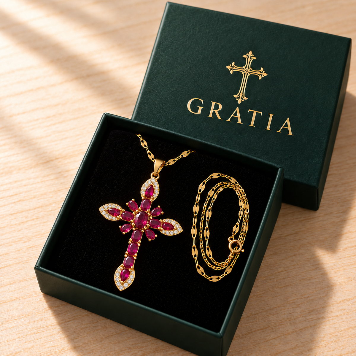 Ruby Gratia cross necklace in its Gratia gift box