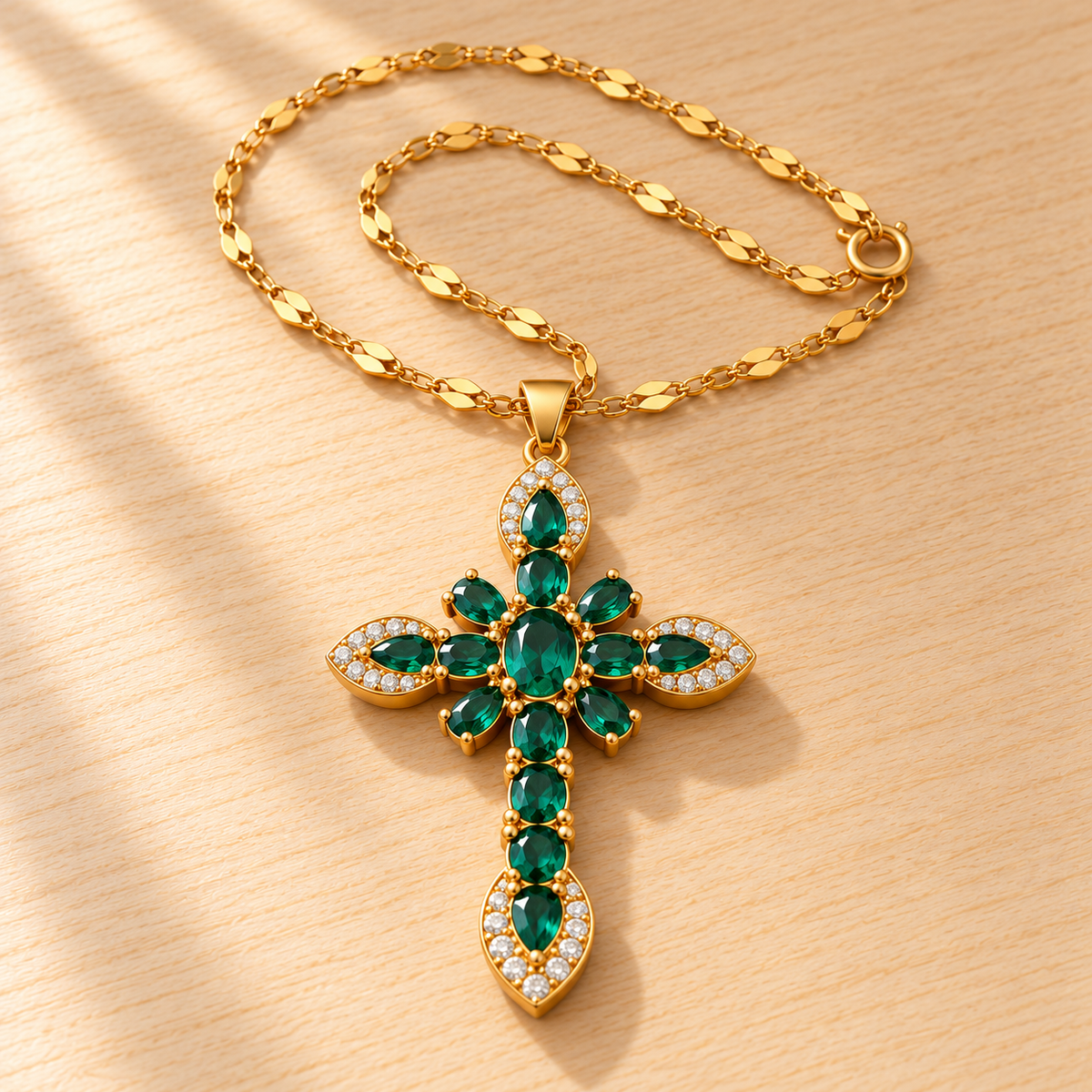 Emerald gold-tone cross necklace with crystal-cut stones