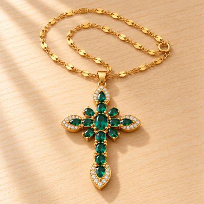 Emerald gold-tone cross necklace with crystal-cut stones