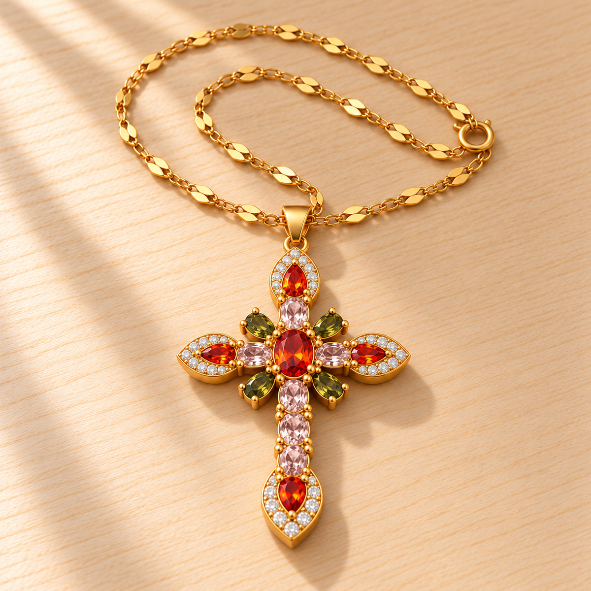 Multicolor gold-tone cross necklace with crystal-cut stones