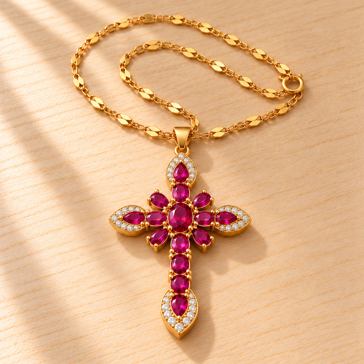 Ruby gold-tone cross necklace with crystal-cut stones