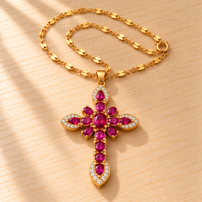 Ruby gold-tone cross necklace with crystal-cut stones