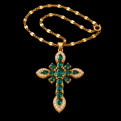 Gratia heirloom cross necklace in Emerald, gold-tone