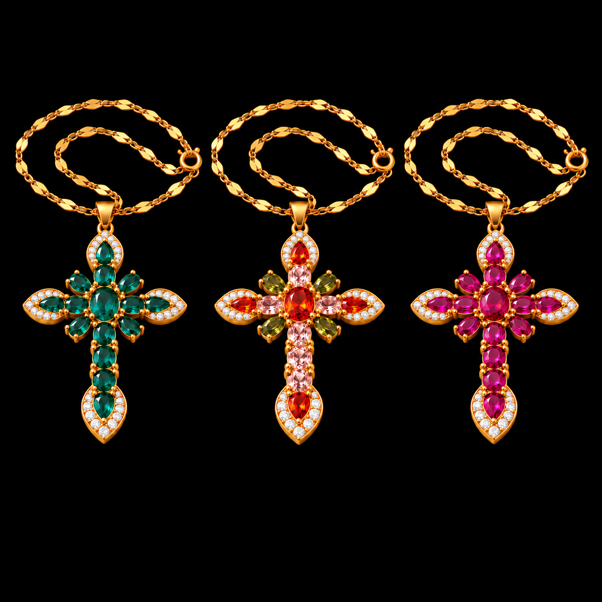 Gratia cross necklace in Emerald, Multicolor and Ruby
