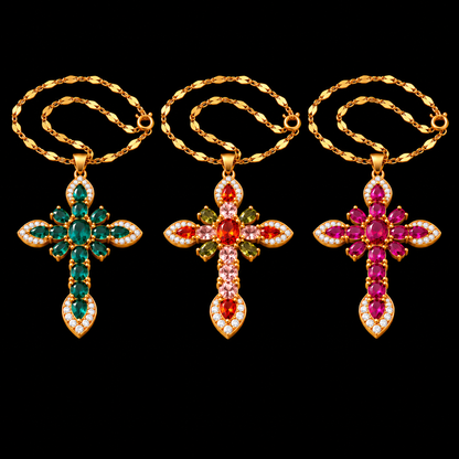 Gratia cross necklace in Emerald, Multicolor and Ruby