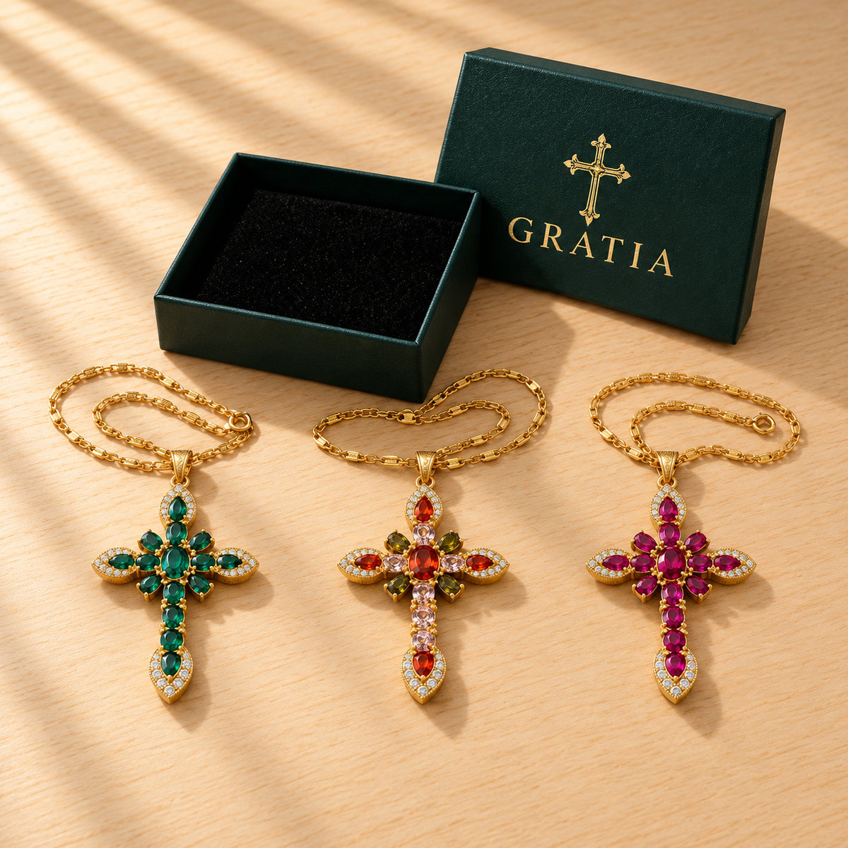 Gratia heirloom cross necklaces in Emerald, Multicolor and Ruby with Gratia gift box
