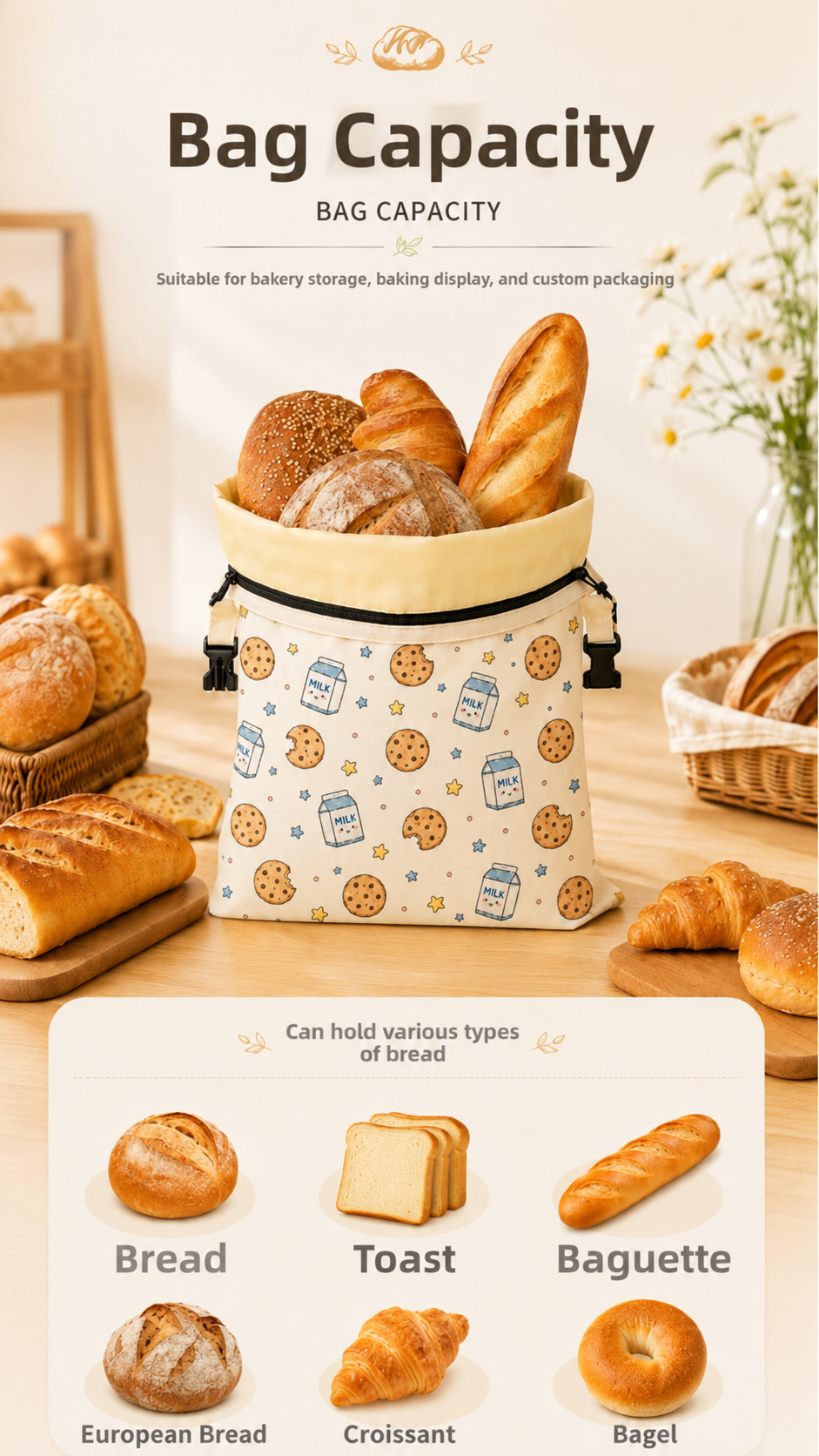 Linen Cotton Beeswax Bread Bags Removable Inner Bag Fruit Pattern Bread Storage Bag Lock Closure Beeswax Coated Bags for Baking