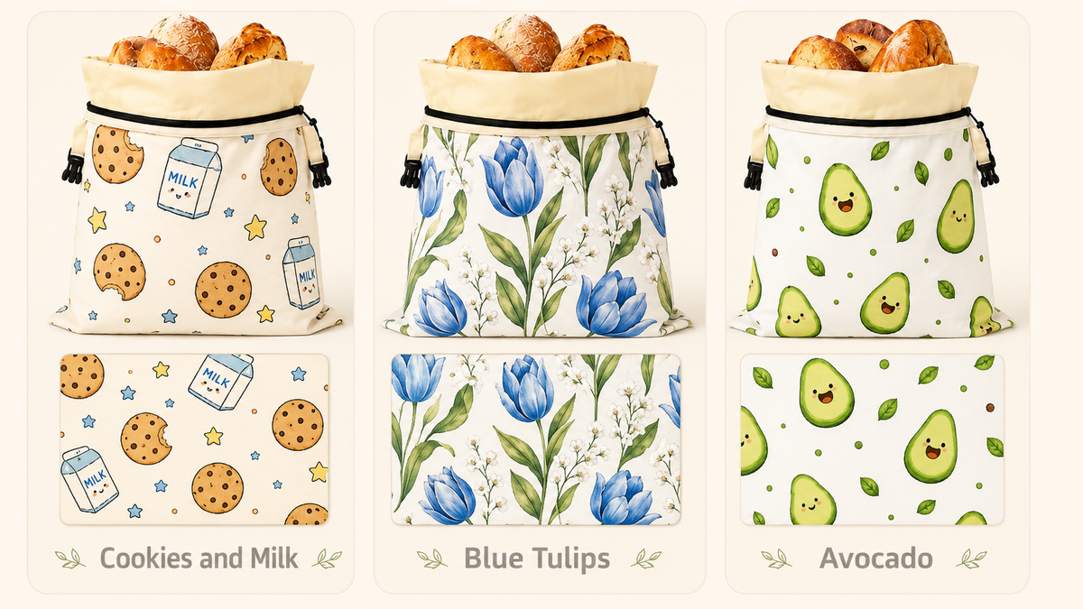 Linen Cotton Beeswax Bread Bags Removable Inner Bag Fruit Pattern Bread Storage Bag Lock Closure Beeswax Coated Bags for Baking