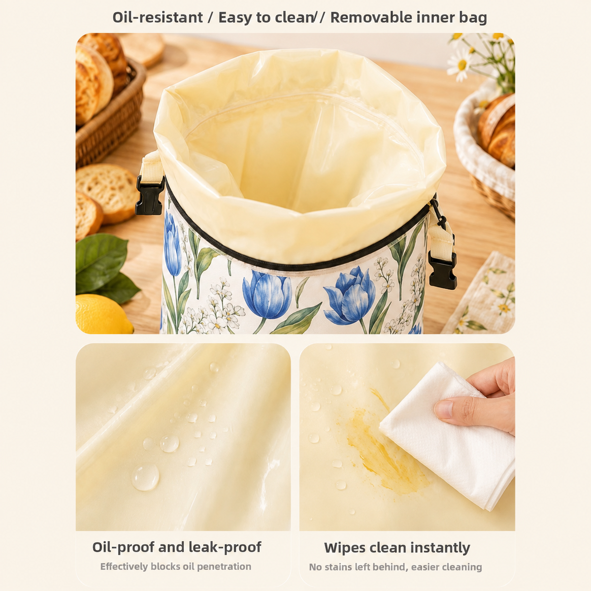 Linen Cotton Beeswax Bread Bags Removable Inner Bag Fruit Pattern Bread Storage Bag Lock Closure Beeswax Coated Bags for Baking