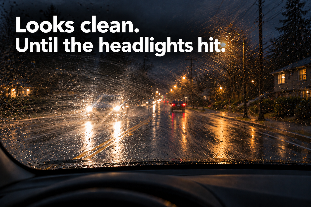 Looks clean. Until the headlights hit. — glare through a wet, streaked windshield