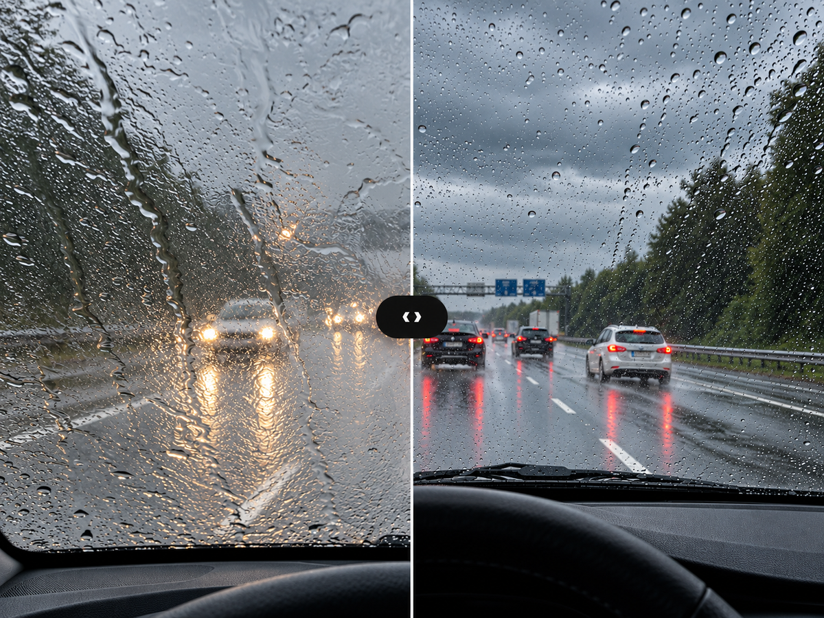Illustration comparing reduced and clearer visibility through a rain-covered windshield